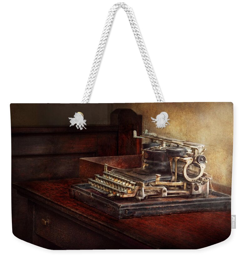 Steampunk Weekender Tote Bag featuring the photograph Steampunk - A crusty old typewriter by Mike Savad
