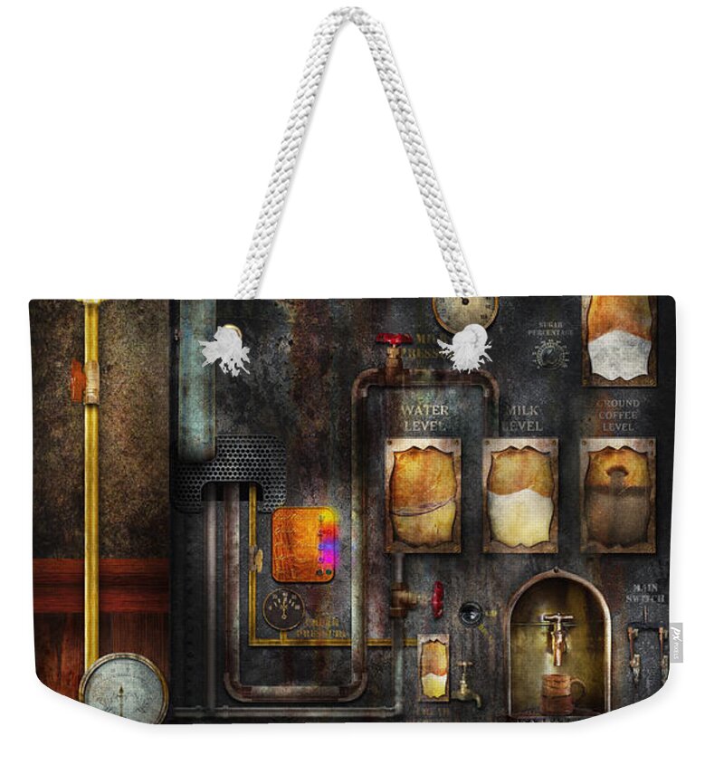 Steampunk Weekender Tote Bag featuring the digital art Steampunk - All that for a cup of coffee by Mike Savad