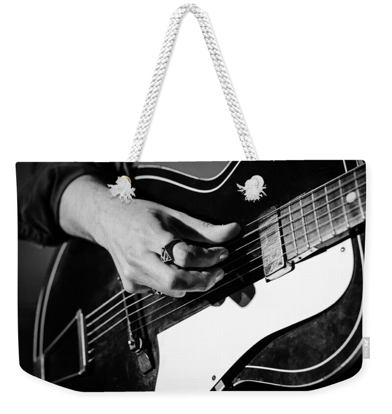 Black And White Weekender Tote Bag featuring the photograph Stella Burns - Guitar close-up by AM FineArtPrints