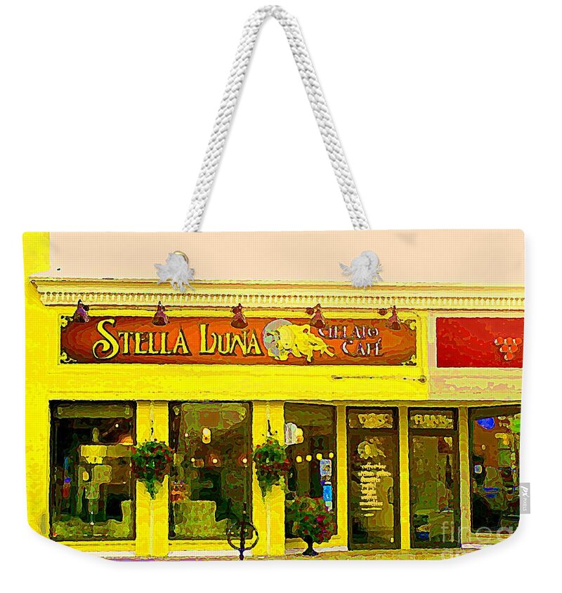 Ottawa Weekender Tote Bag featuring the painting Stella Luna Gelato Cafe Trendy Sandwich Shop The Glebe Bistro Scenes Old Ottawa South Paintings by Carole Spandau