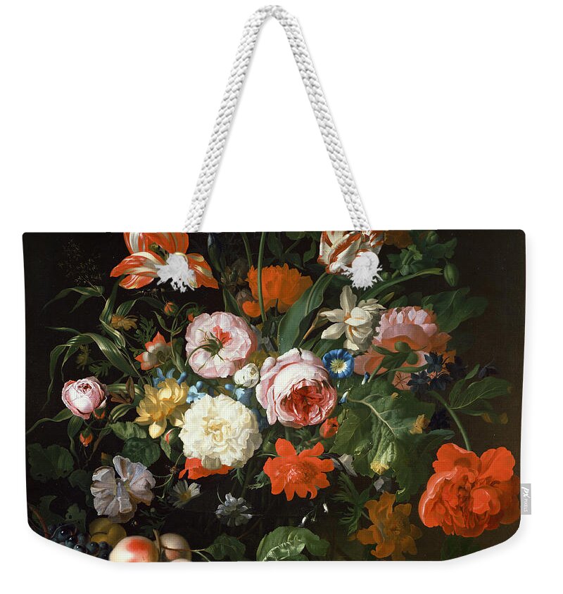 Roses Weekender Tote Bag featuring the painting Still Life With Flowers by Rachel Ruysch