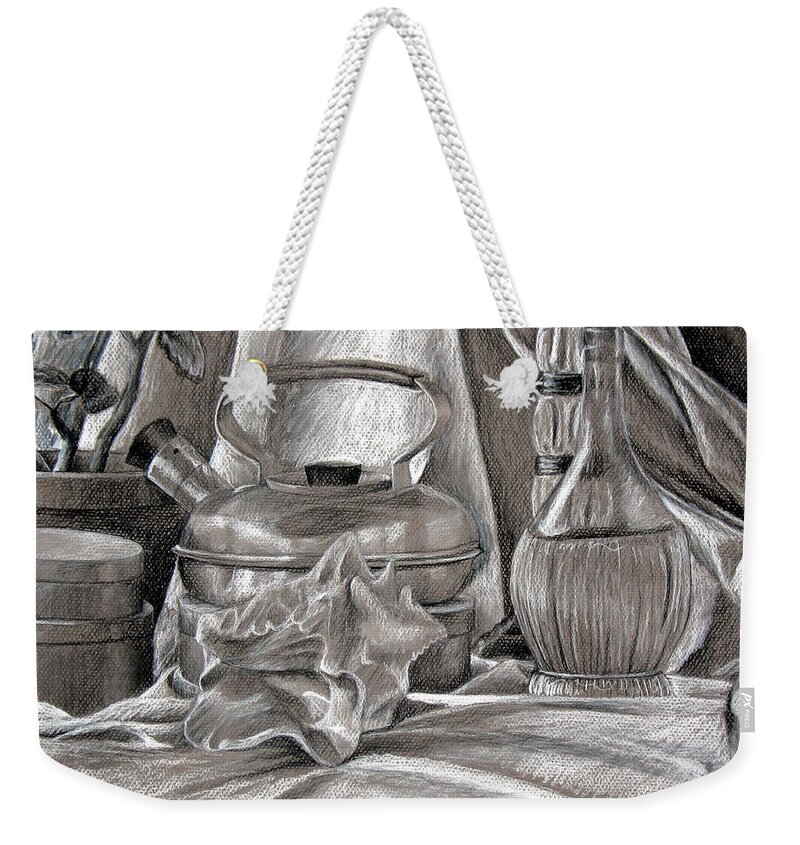 Chianti Bottle Weekender Tote Bag featuring the painting Still Life With Kettle and Wine Bottle by Michelle Bien