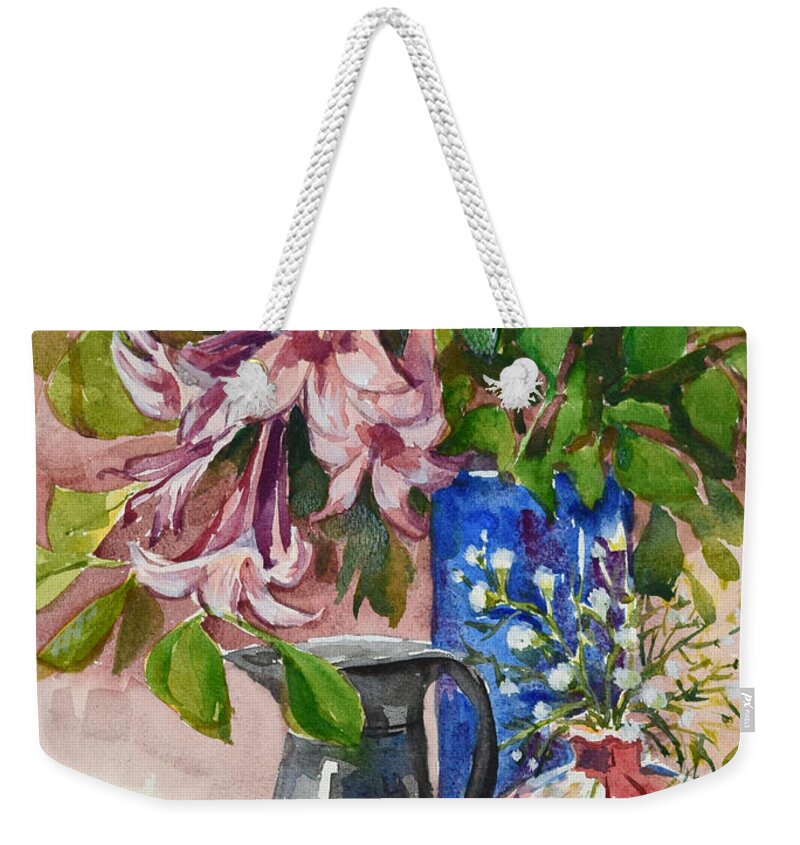 Pink Flowers Weekender Tote Bag featuring the painting Asian Pink Lilies by Jyotika Shroff