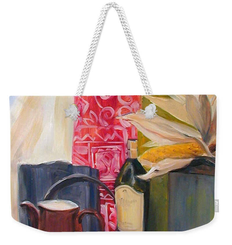 Greta Corens Still Life Paintings Weekender Tote Bag featuring the painting Oil Painting Still Life with Red Cloth and Pottery by Greta Corens