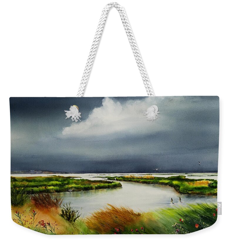 Marsh Weekender Tote Bag featuring the painting Storm Watch by Phyllis London