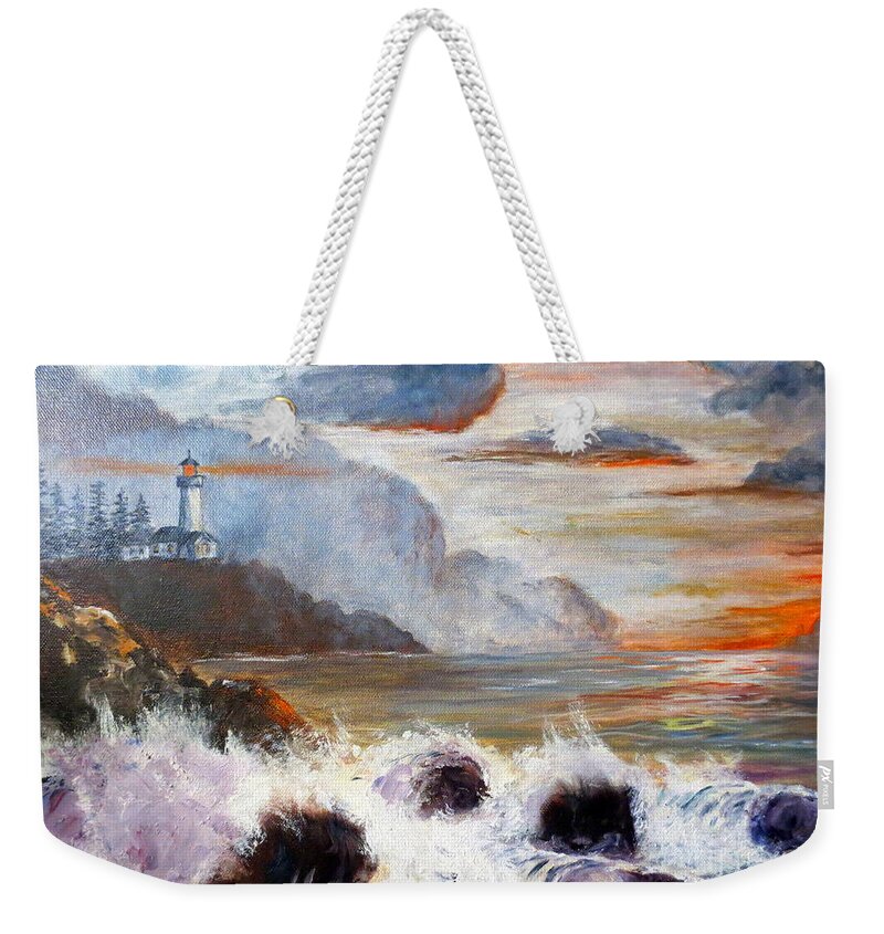 Ocean Painting Weekender Tote Bag featuring the painting Stormy Sunset by Lee Piper