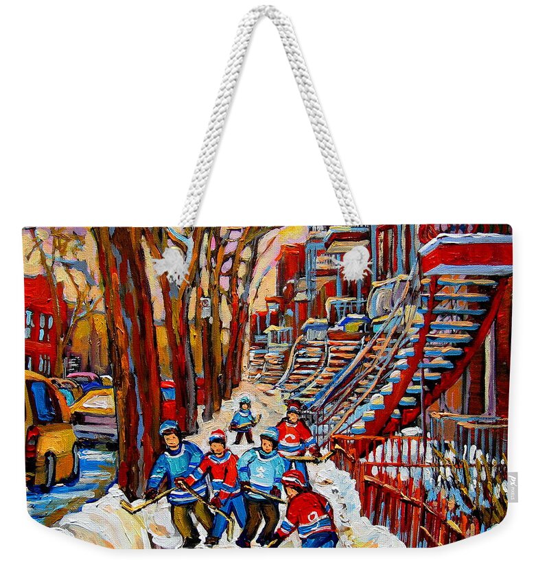 Montreal Weekender Tote Bag featuring the painting Streets Of Verdun Hockey Art Montreal Street Scene With Outdoor Winding Staircases by Carole Spandau
