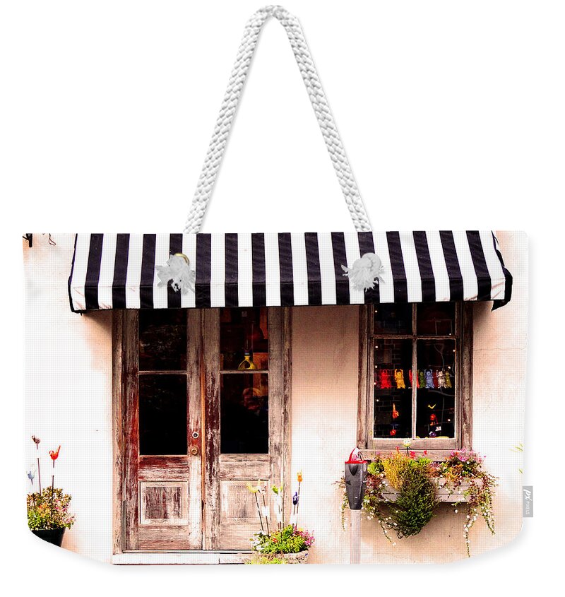 Striped Weekender Tote Bag featuring the photograph Striped Awning by Jan Marvin by Jan Marvin