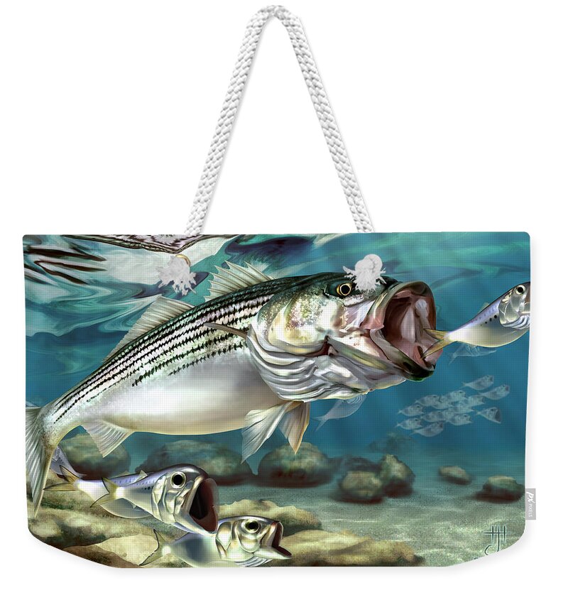 Striper Weekender Tote Bag featuring the painting Striper - The True Monster of Montauk by Hayden Hammond