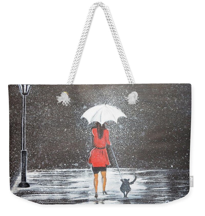 Rain Weekender Tote Bag featuring the painting Stroll in the Rain by Manjiri Kanvinde