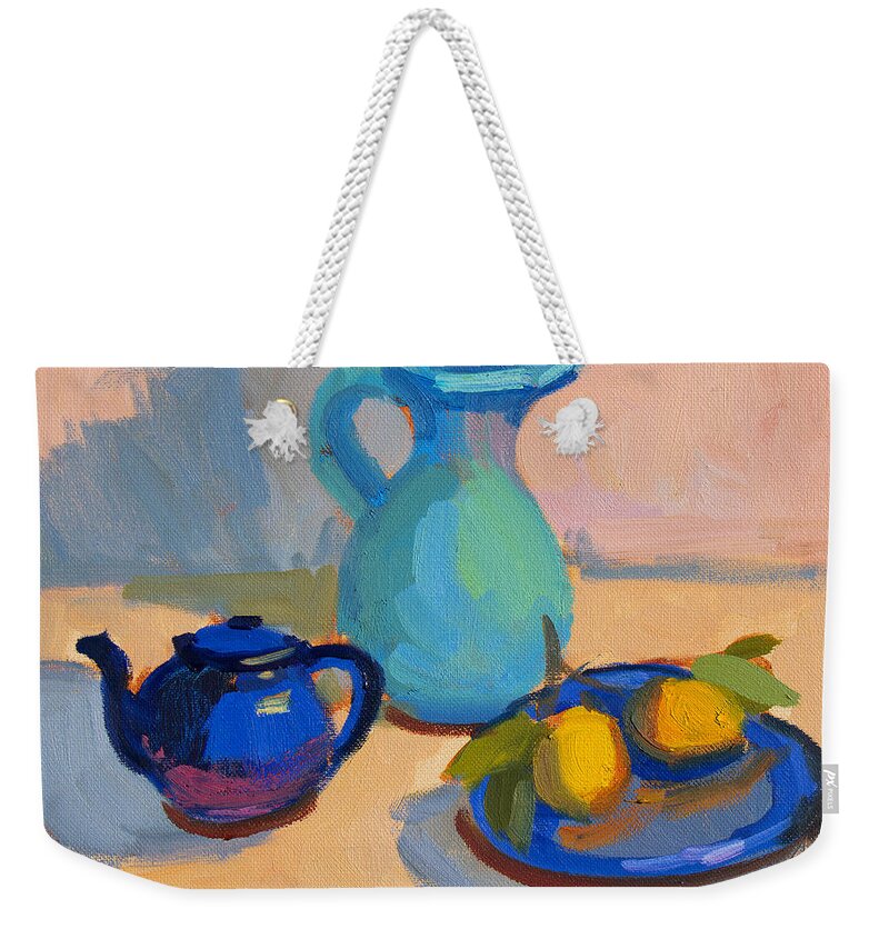 Still Life Weekender Tote Bag featuring the painting Study in Blue by Diane McClary