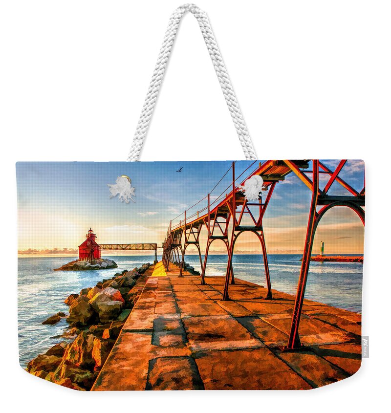 Door County Weekender Tote Bag featuring the painting Sturgeon Bay Canal Pierhead Light by Christopher Arndt