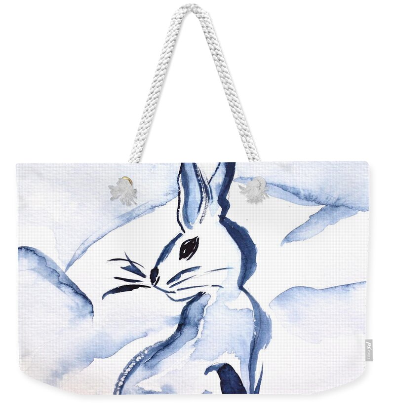Sumi-e Snow Bunny Weekender Tote Bag featuring the painting Sumi-e Snow Bunny by Beverley Harper Tinsley