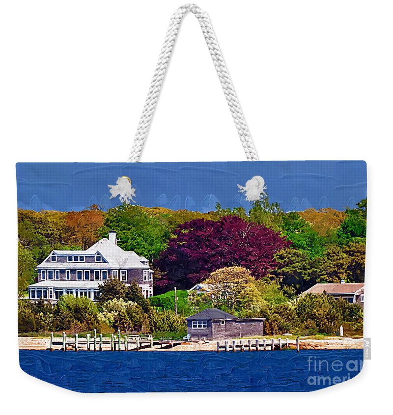 New England; Beach; Coastal; Shoreline; Summer Homes; Houses; Docks; Sea; Ocean; Marthas Vineyard; Trees; Nature; Natural; Kirt Tisdale Weekender Tote Bag featuring the painting Summer at the Shore by Kirt Tisdale