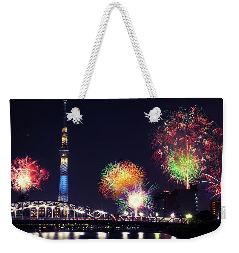 Firework Display Weekender Tote Bag featuring the photograph Summer Firework On Sumida River by Shenyang's Photo. All Rights Reserved.