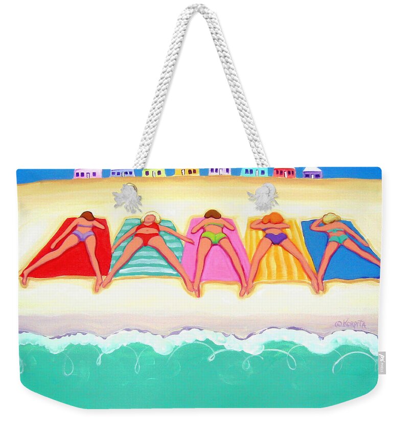 Women On Beach Weekender Tote Bag featuring the painting Summer Sun - Women on Beach by Rebecca Korpita