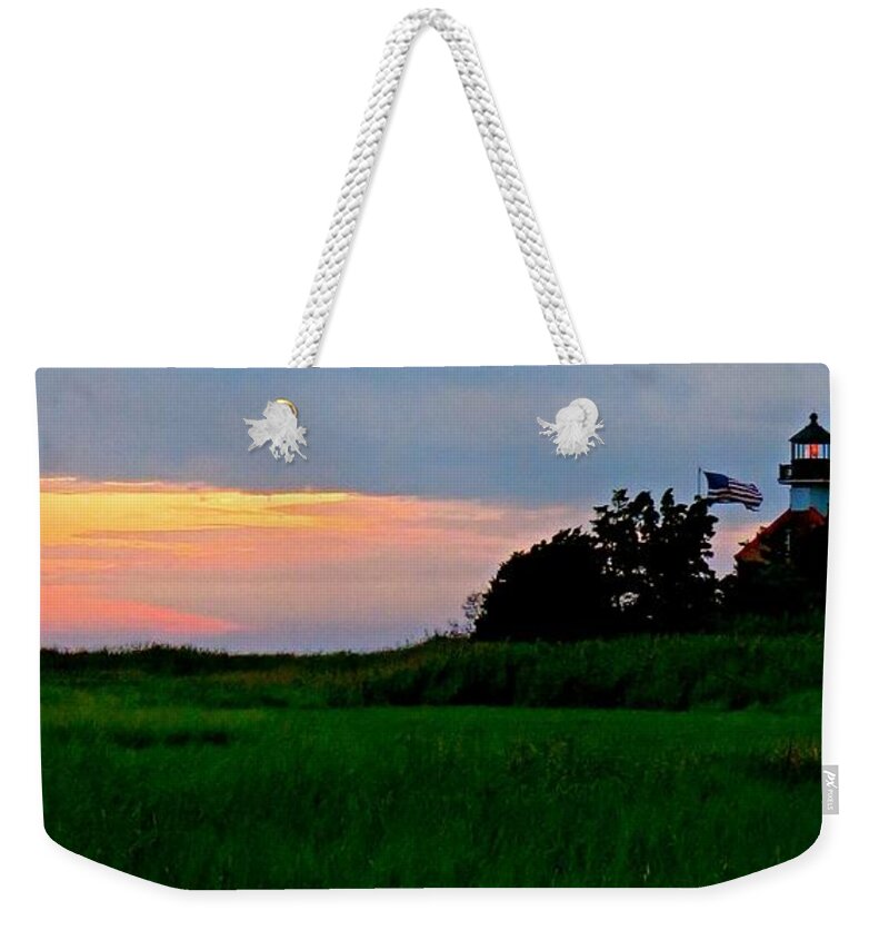East Point Lighthouse Weekender Tote Bag featuring the photograph Summer Sunset at East Point Light by Nancy Patterson