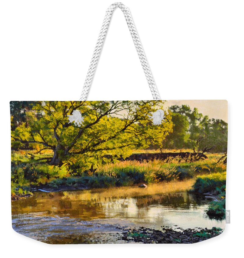 Landscape Weekender Tote Bag featuring the painting Summer's Stream Dawn by Bruce Morrison