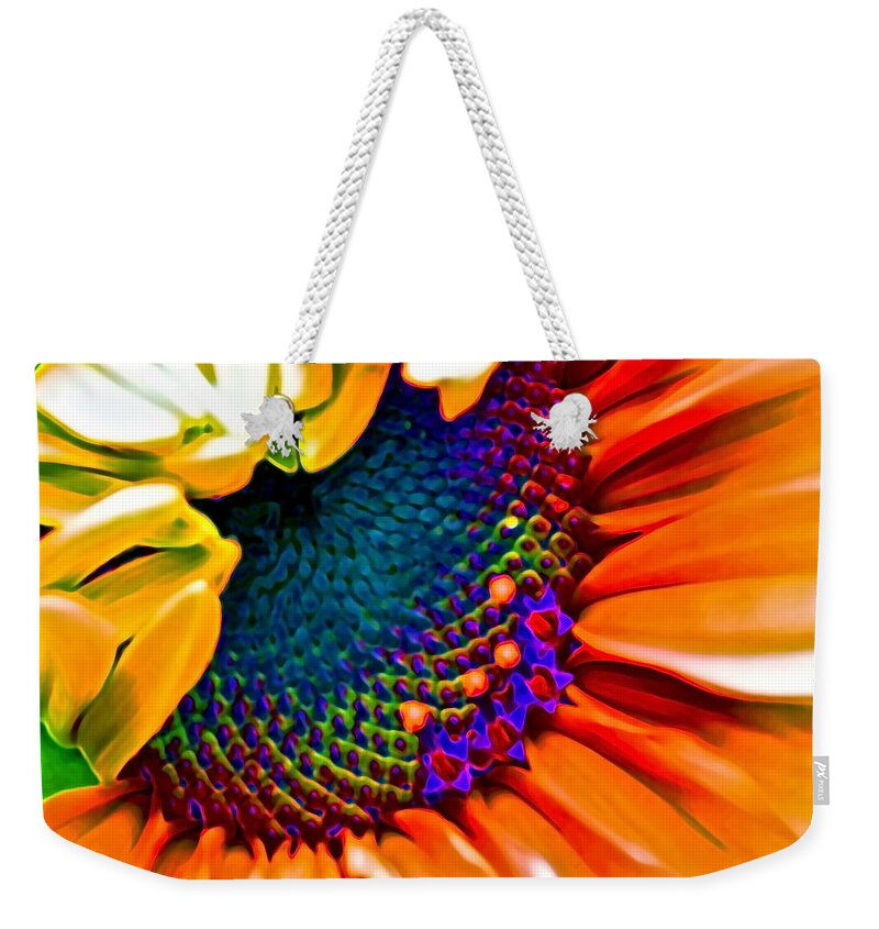 Photographs Weekender Tote Bag featuring the photograph Sunflower Crazed by Gwyn Newcombe