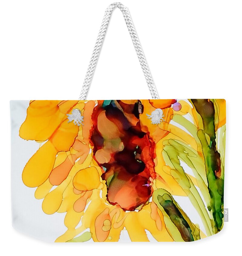 Alcohol Ink Weekender Tote Bag featuring the painting Sunflower Left Face by Vicki Housel