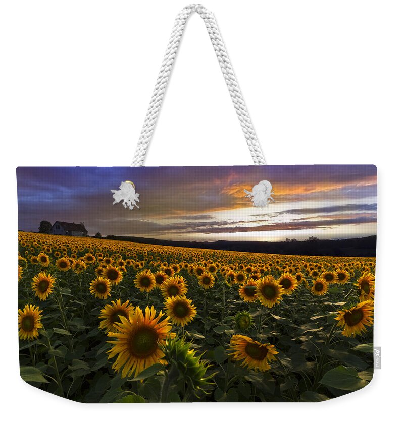 Austria Weekender Tote Bag featuring the photograph Sunflower Sunset by Debra and Dave Vanderlaan