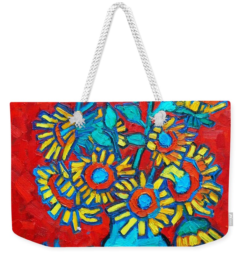 Sunflowers Weekender Tote Bag featuring the painting Sunflowers Bouquet by Ana Maria Edulescu