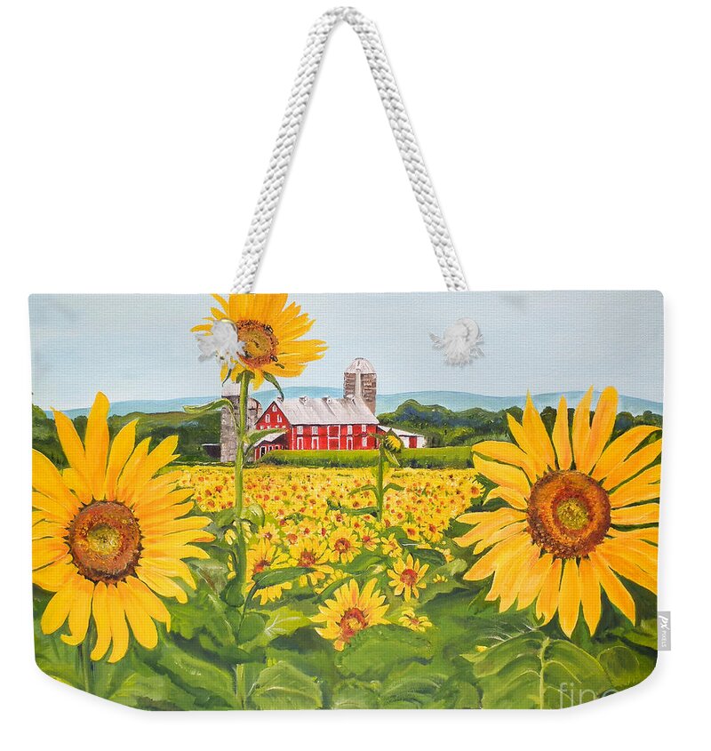 Sunflower Weekender Tote Bag featuring the painting Sunflowers on Route 45 - Pennsylvania- Autumn Glow by Jan Dappen