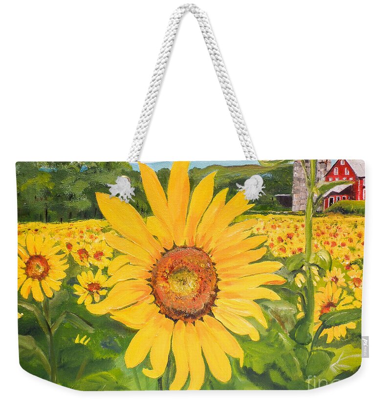 Sunflower Weekender Tote Bag featuring the painting Sunflowers - Red Barn - Pennsylvania by Jan Dappen