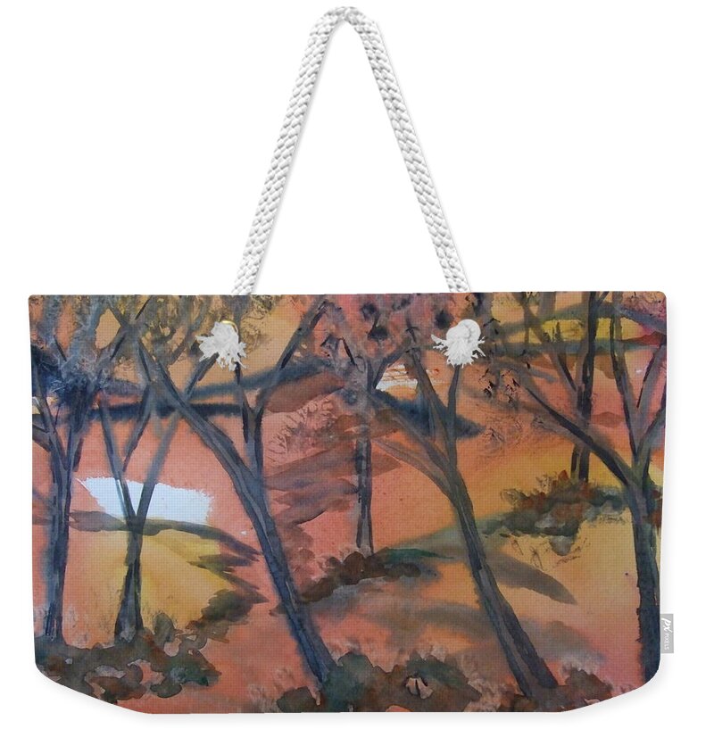 Trees Weekender Tote Bag featuring the painting Sunlit Forest by Kim Shuckhart Gunns
