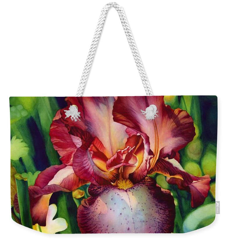 Iris Weekender Tote Bag featuring the painting Sunlit Iris by Hailey E Herrera