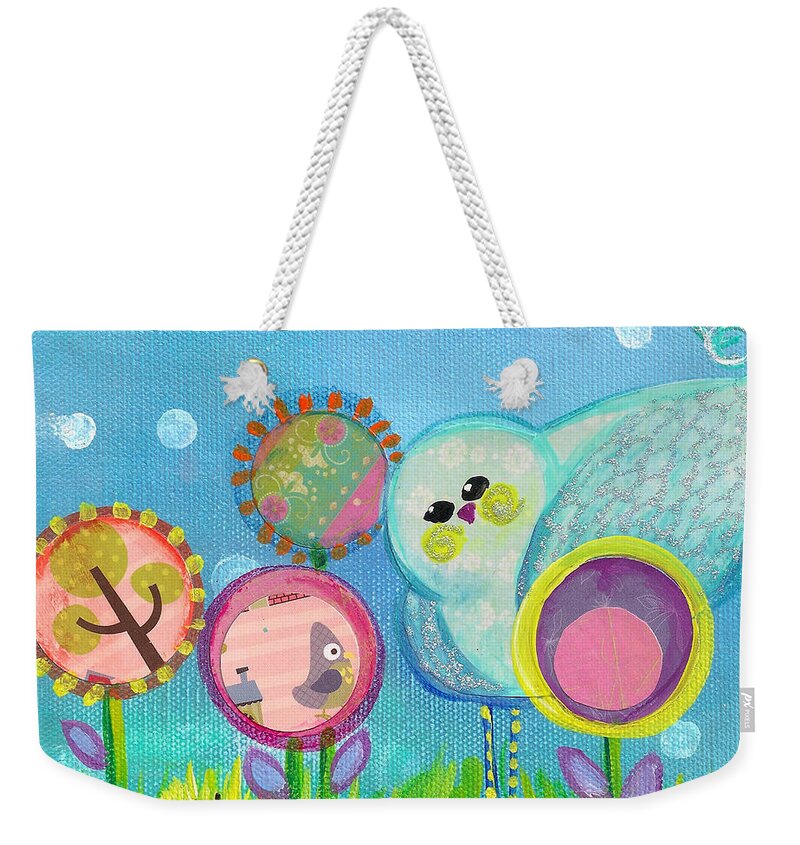 Birdy Weekender Tote Bag featuring the painting Sunny Birdy and the Dandies by Shelley Overton