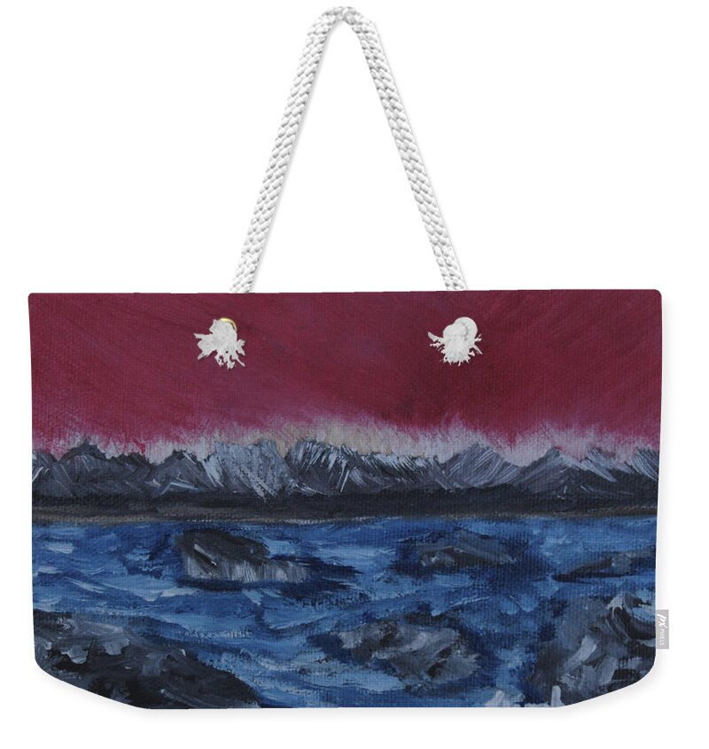 Water Weekender Tote Bag featuring the painting Sunrise at Flathead Lake by Suzanne Surber