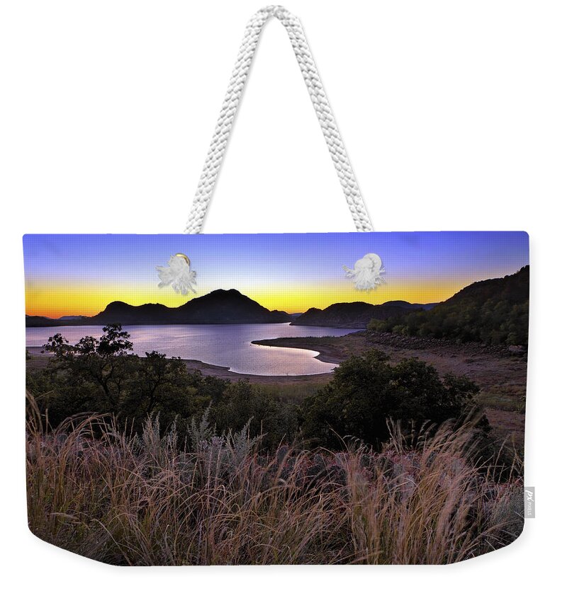 Quartz Mountains Weekender Tote Bag featuring the photograph Sunrise behind the Quartz Mountains - Oklahoma - Lake Altus by Jason Politte