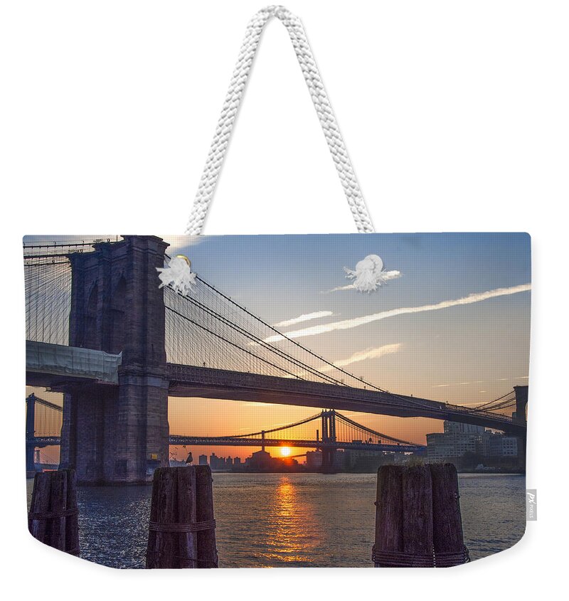 Sunrise Weekender Tote Bag featuring the photograph Sunrise - Brooklyn and Manhattan Bridges by Bill Cannon