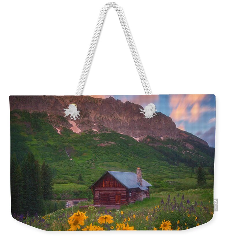 Sunrise Weekender Tote Bag featuring the photograph Sunrise Cabin by Darren White