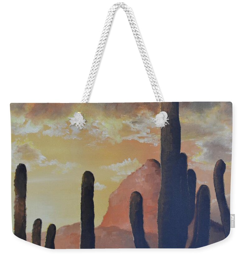 A Sunrise In The Tucson Desert With Cactus Weekender Tote Bag featuring the painting Sunrise in Tucson by Martin Schmidt