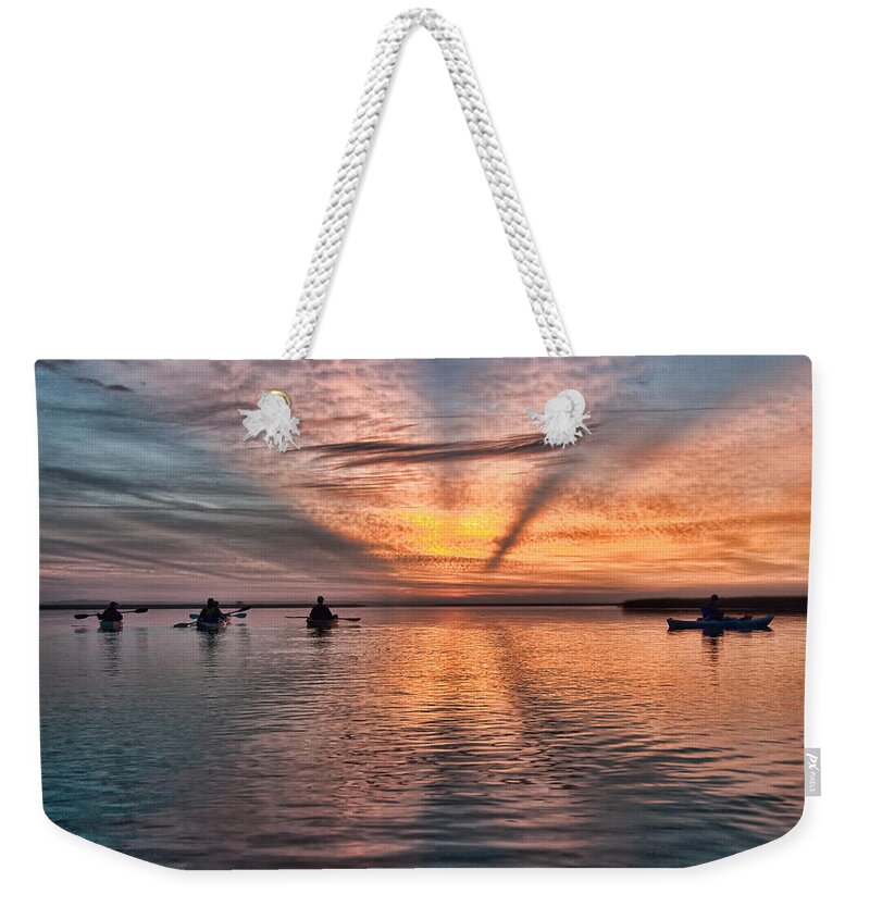 Sunrise Weekender Tote Bag featuring the photograph Sunrise Kayaking by Scott Hansen
