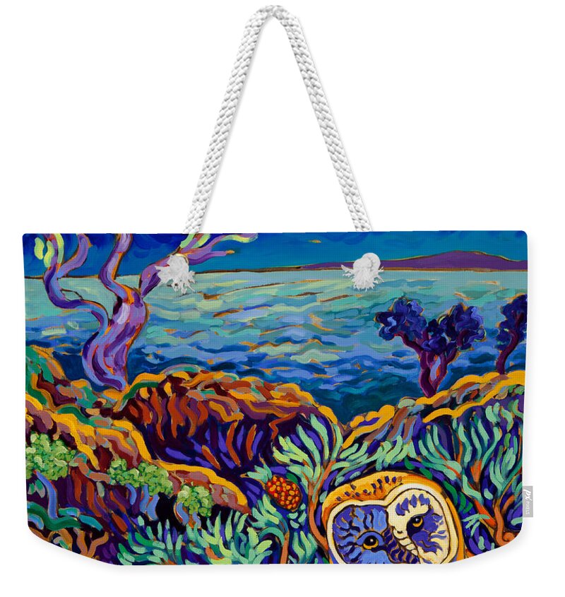 Owl Weekender Tote Bag featuring the painting Sunrise Moonset by Cathy Carey