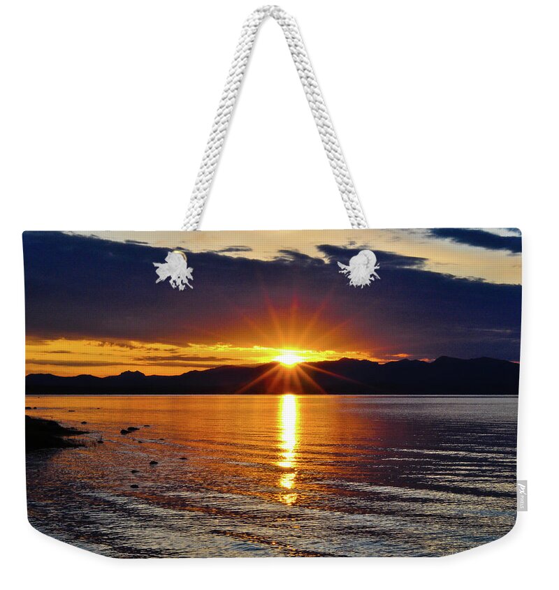 Yellowstone Weekender Tote Bag featuring the photograph Sunrise on Yellowstone Lake by Greg Norrell