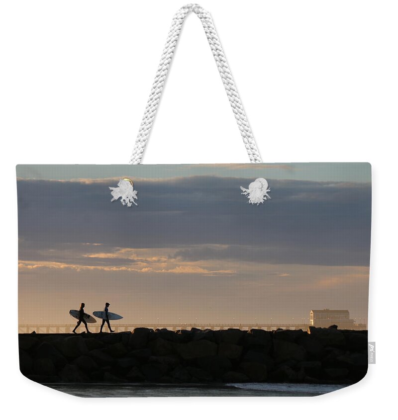 Surf Weekender Tote Bag featuring the photograph Sunrise Surfing by Christy Pooschke