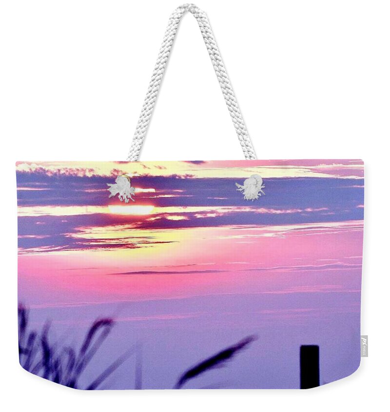 Sunrise Weekender Tote Bag featuring the photograph Sunrise Through the Dunes by Kim Bemis