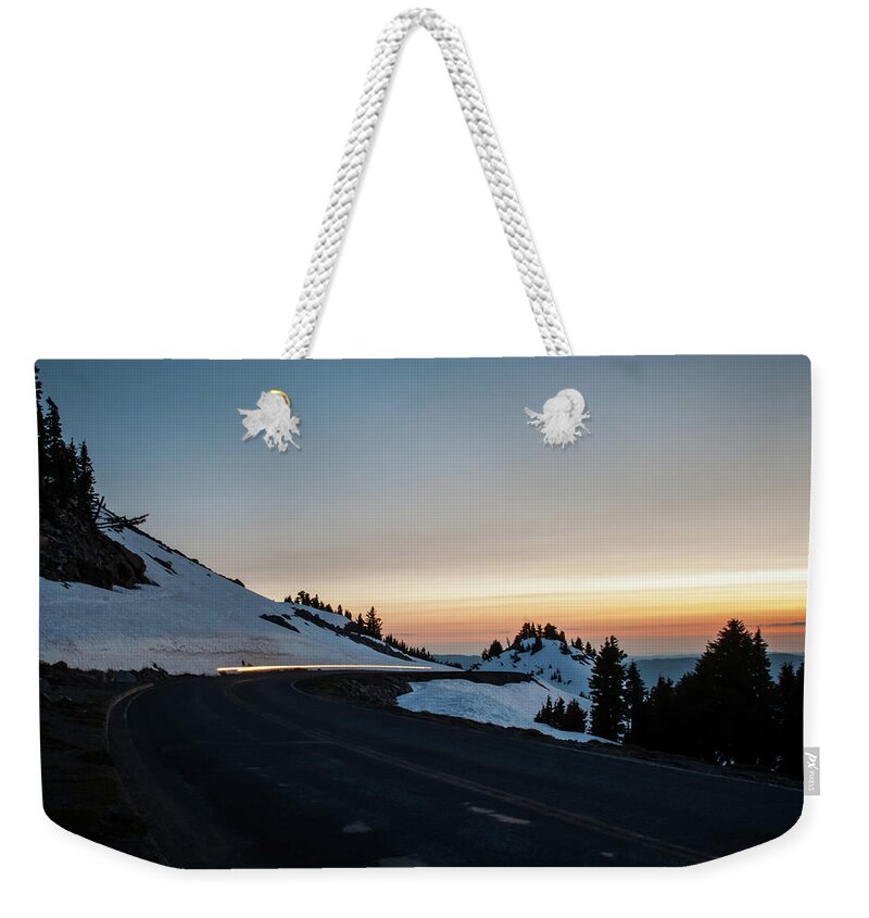 Snow Weekender Tote Bag featuring the photograph Sunset by Amanda Richter