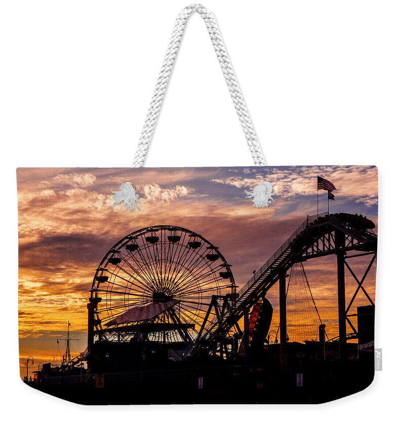 Ferris Wheel Pier Photography Print Weekender Tote Bag featuring the photograph Sunset Amusement Park Farris Wheel On The Pier Fine Art Photography Print by Jerry Cowart