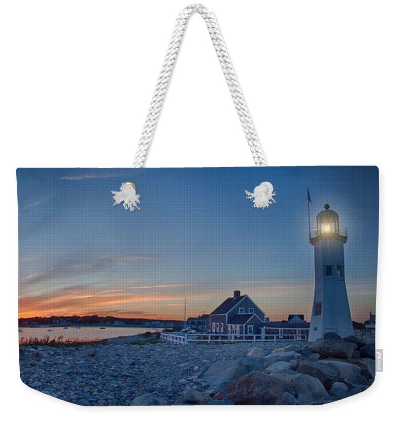 Scituate Lighthouse Weekender Tote Bag featuring the photograph Sunset at Scituate light by Jeff Folger