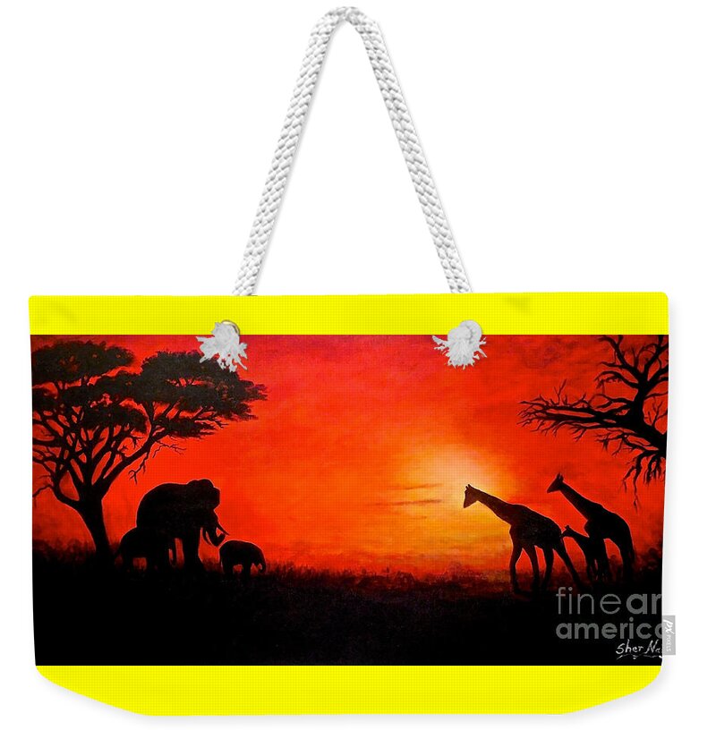 Acacia Trees Weekender Tote Bag featuring the painting Sunset at Serengeti by Sher Nasser