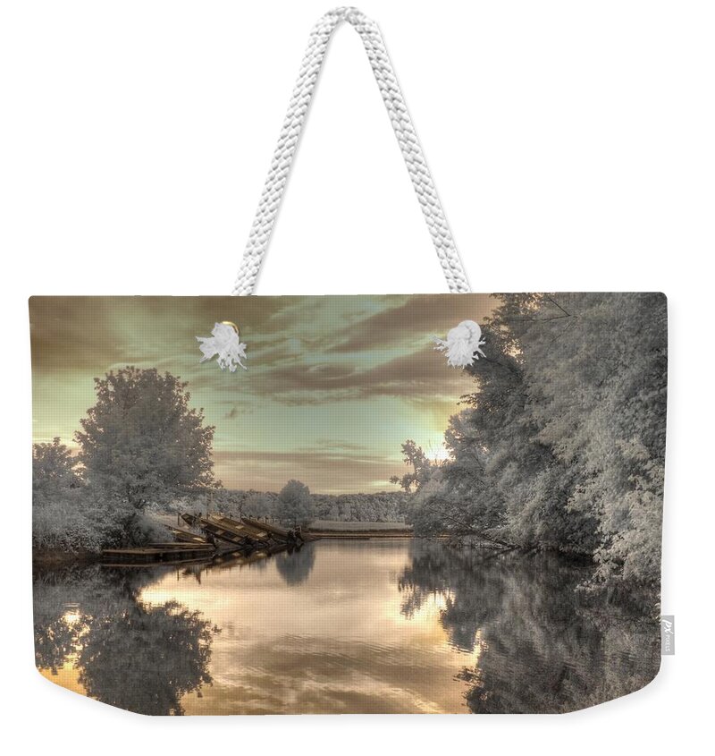 The Boathouse Weekender Tote Bag featuring the photograph Sunset at the Boathouse by Jane Linders