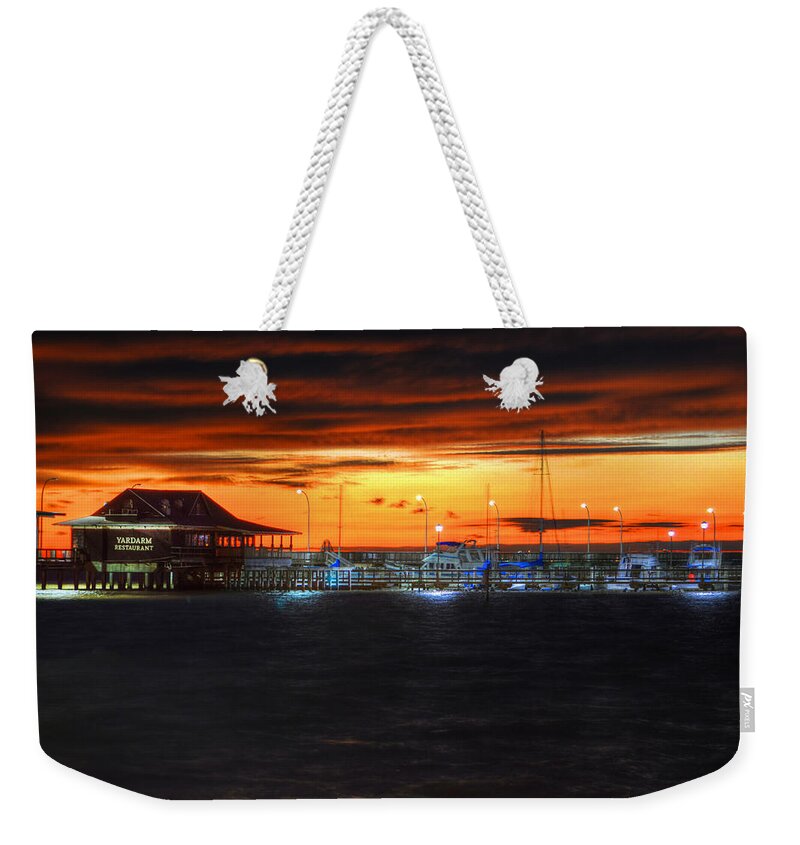 Palm Weekender Tote Bag featuring the digital art Sunset at the Fairhope Pier by Michael Thomas