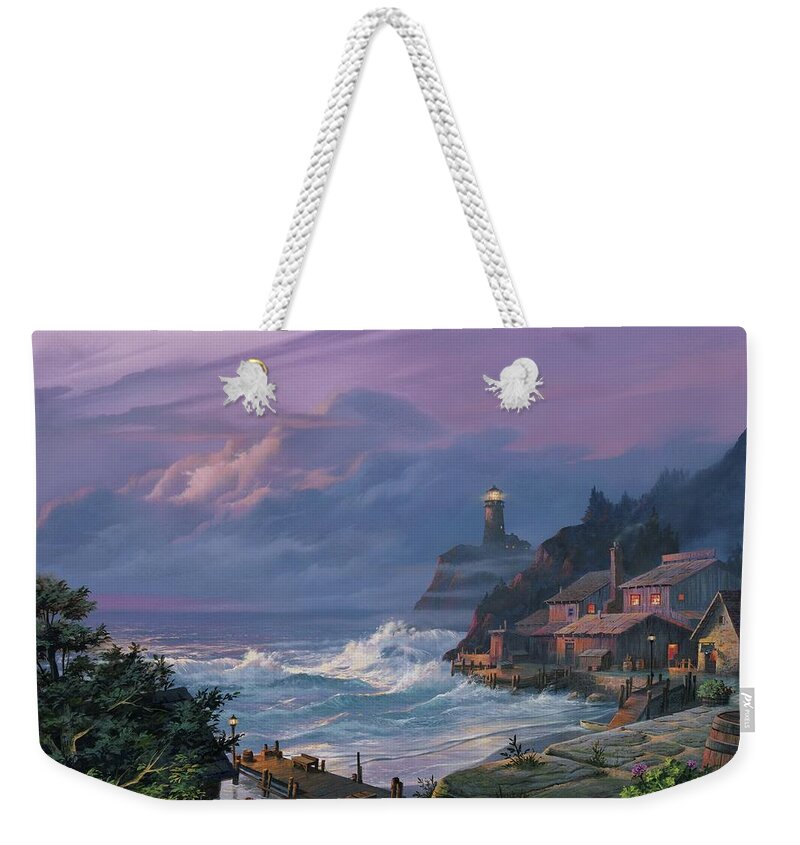 Lighthouse Weekender Tote Bag featuring the painting Sunset Fog by Michael Humphries