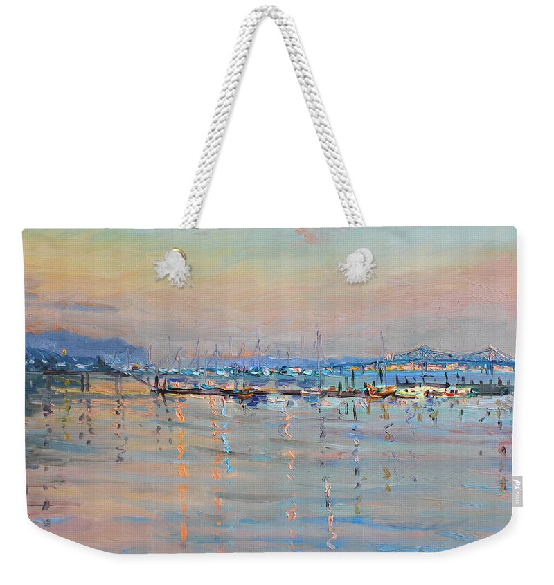 Seascape Weekender Tote Bag featuring the painting Sunset in Piermont Harbor NY by Ylli Haruni