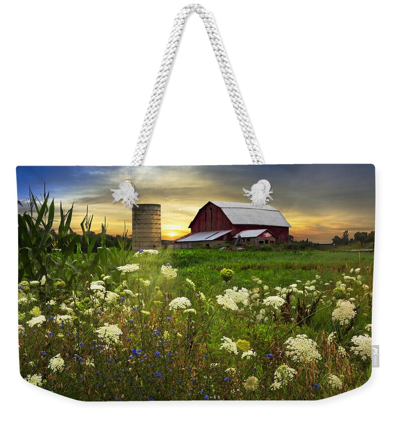 Barn Weekender Tote Bag featuring the photograph Sunset Lace Pastures by Debra and Dave Vanderlaan